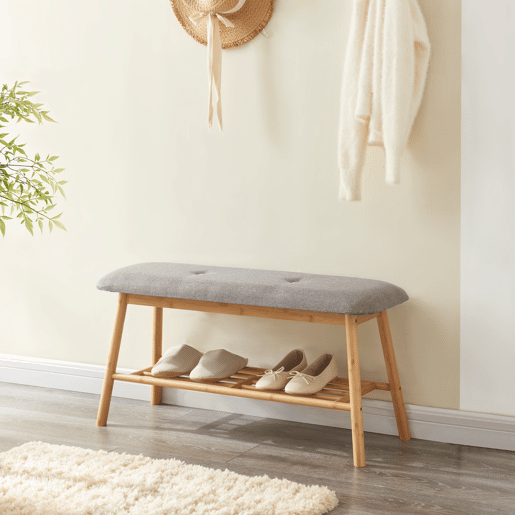 Banco Sapateira Römnitz prateleira para 3 pares tecido de bambu 45 x 90 x 30 cm Cor cinzenta e natural en.casa