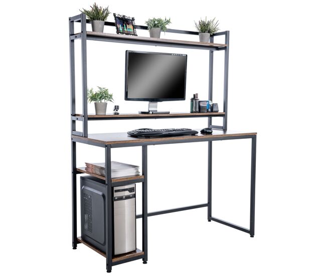 Escritorio de madera y acero billings estilo industrial con estantería 150x120x50 cm marrón