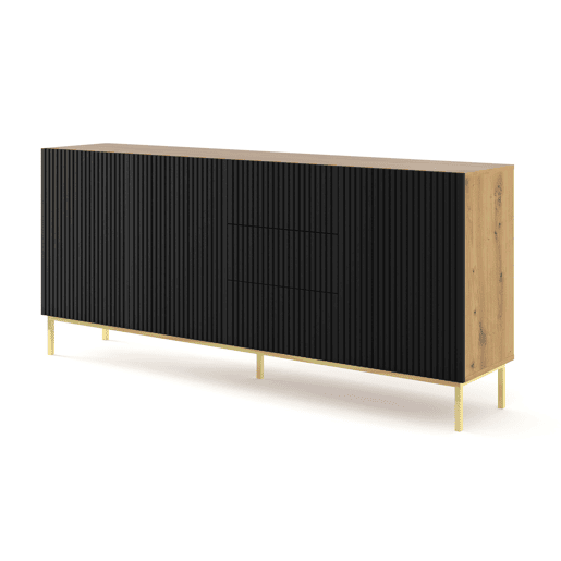 Cómoda RavennaB três armários e três gavetas 200x42x89cm Madeira e preto pés dourados