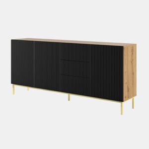 Cómoda RavennaB três armários e três gavetas 200x42x89cm Madeira e preto pés dourados