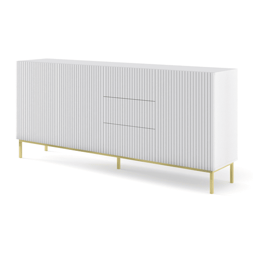 Cómoda RavennaB três armários e três gavetas 200x42x89cm cor Branco, pernas douradas