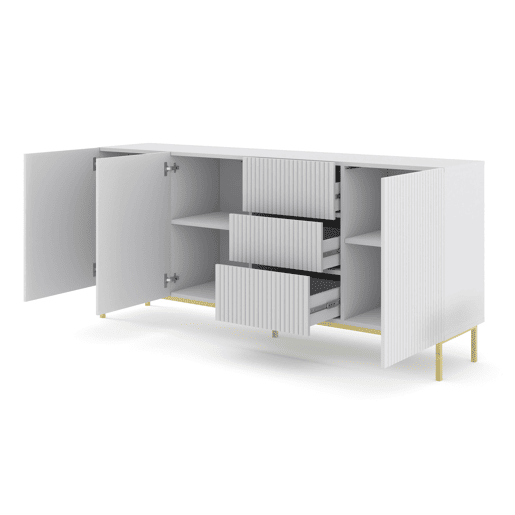 Cómoda RavennaB três armários e três gavetas 200x42x89cm cor Branco, pernas douradas
