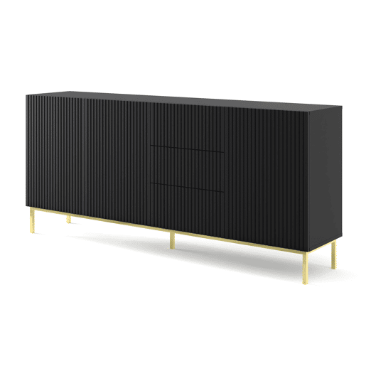 Cómoda RavennaB três armários e três gavetas 200x42x89cm Cor Preto pés Dourados