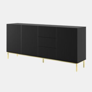 Cómoda RavennaB três armários e três gavetas 200x42x89cm Cor Preto pés Dourados