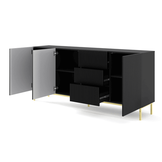 Cómoda RavennaB três armários e três gavetas 200x42x89cm Cor Preto pés Dourados