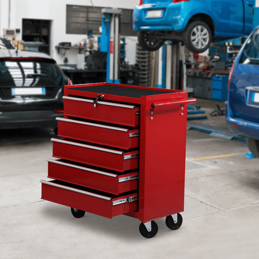 HOMCOM Carrinho de Ferramentas para Oficina com Rodas e 5 Gavetas Fechadura e Alça Lateral 67,5x33x77 cm Vermelho