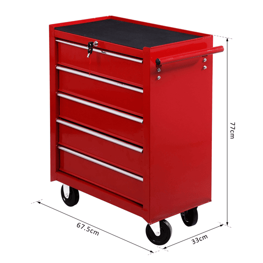 HOMCOM Carrinho de Ferramentas para Oficina com Rodas e 5 Gavetas Fechadura e Alça Lateral 67,5x33x77 cm Vermelho