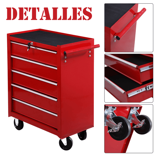HOMCOM Carrinho de Ferramentas para Oficina com Rodas e 5 Gavetas Fechadura e Alça Lateral 67,5x33x77 cm Vermelho