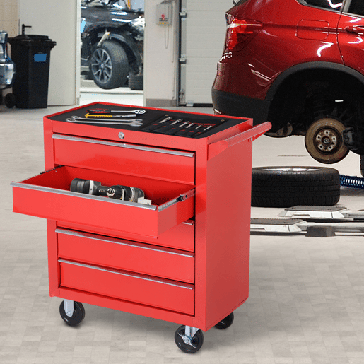 DURHAND Carrinho de Ferramentas com 5 Gavetas Rodas Trava Armário de Armazenamento para Oficina de Garagem e Chapa de Aço 69x33x75 cm Vermelho
