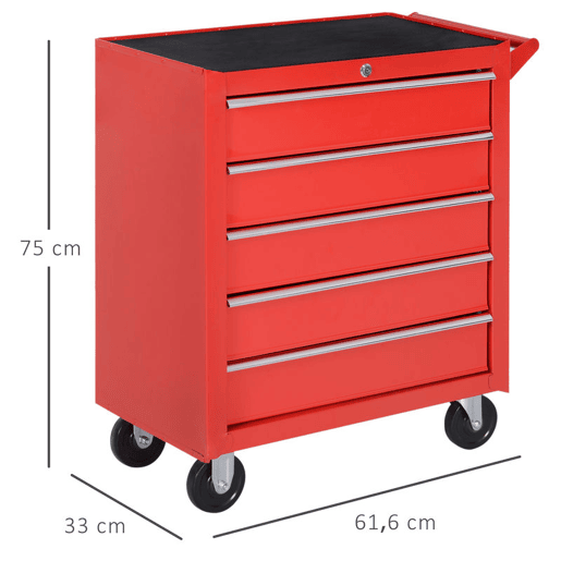 DURHAND Carrinho de Ferramentas com 5 Gavetas Rodas Trava Armário de Armazenamento para Oficina de Garagem e Chapa de Aço 69x33x75 cm Vermelho
