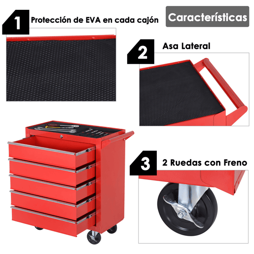 DURHAND Carrinho de Ferramentas com 5 Gavetas Rodas Trava Armário de Armazenamento para Oficina de Garagem e Chapa de Aço 69x33x75 cm Vermelho