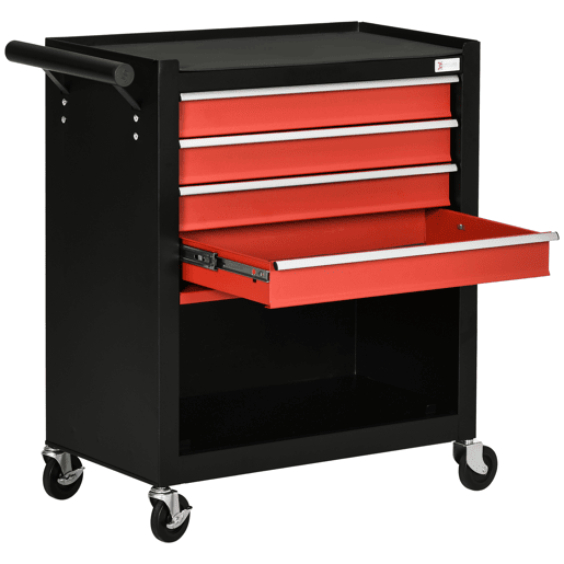 DURHAND Carro de Ferramentas Móvel com Rodas 4 Gavetas Compartimento de Armazenamento e Alça Lateral Carga 130kg para Garagem Oficina 69x33x75cm Preto e Vermelho