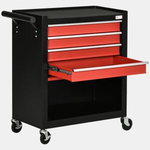 DURHAND Carro de Ferramentas Móvel com Rodas 4 Gavetas Compartimento de Armazenamento e Alça Lateral Carga 130kg para Garagem Oficina 69x33x75cm Preto e Vermelho