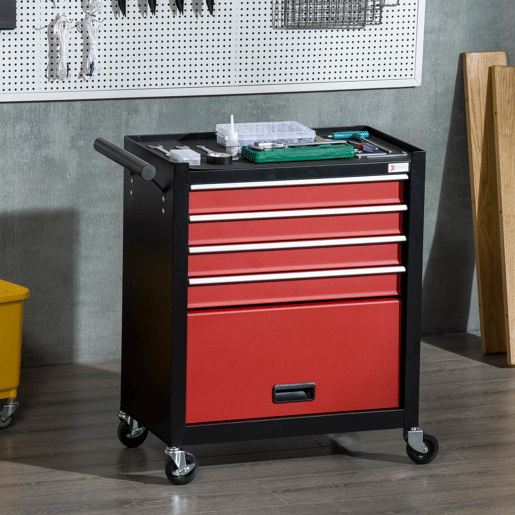 DURHAND Carro de Ferramentas Móvel com Rodas 4 Gavetas Compartimento de Armazenamento e Alça Lateral Carga 130kg para Garagem Oficina 69x33x75cm Preto e Vermelho