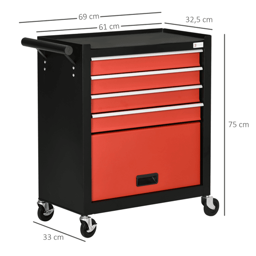 DURHAND Carro de Ferramentas Móvel com Rodas 4 Gavetas Compartimento de Armazenamento e Alça Lateral Carga 130kg para Garagem Oficina 69x33x75cm Preto e Vermelho