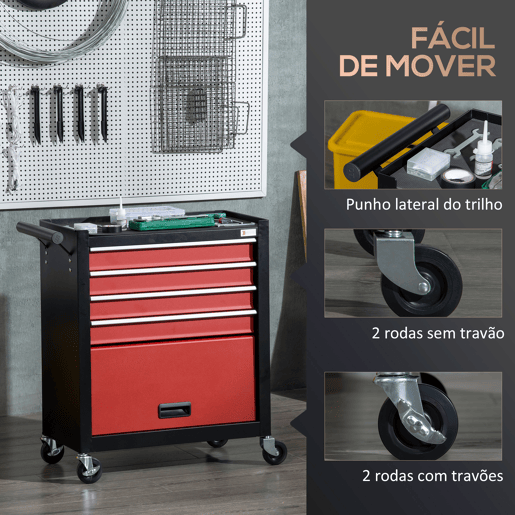 DURHAND Carro de Ferramentas Móvel com Rodas 4 Gavetas Compartimento de Armazenamento e Alça Lateral Carga 130kg para Garagem Oficina 69x33x75cm Preto e Vermelho