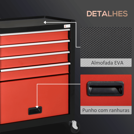 DURHAND Carro de Ferramentas Móvel com Rodas 4 Gavetas Compartimento de Armazenamento e Alça Lateral Carga 130kg para Garagem Oficina 69x33x75cm Preto e Vermelho