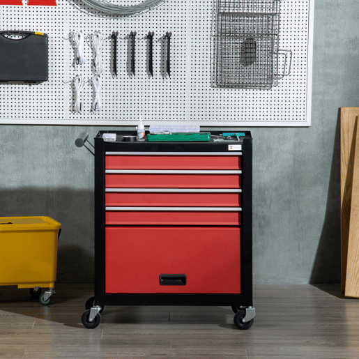 DURHAND Carro de Ferramentas Móvel com Rodas 4 Gavetas Compartimento de Armazenamento e Alça Lateral Carga 130kg para Garagem Oficina 69x33x75cm Preto e Vermelho