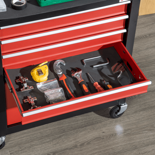 DURHAND Carro de Ferramentas Móvel com Rodas 4 Gavetas Compartimento de Armazenamento e Alça Lateral Carga 130kg para Garagem Oficina 69x33x75cm Preto e Vermelho