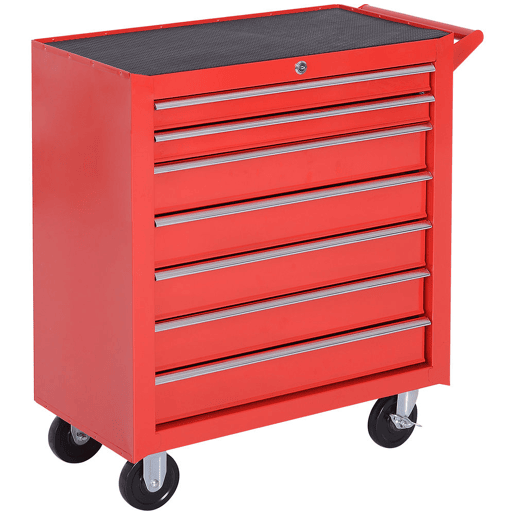 DURHAND Carrinho de ferramentas com 7 gavetas Caixa de oficina Armário de arrumação com fecho para oficina, garagem e casa Rodas de chapa de aço 69x33x75cm Vermelho