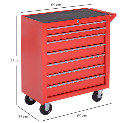 DURHAND Carrinho de ferramentas com 7 gavetas Caixa de oficina Armário de arrumação com fecho para oficina, garagem e casa Rodas de chapa de aço 69x33x75cm Vermelho