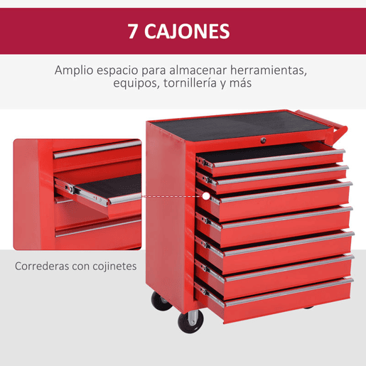 DURHAND Carrinho de ferramentas com 7 gavetas Caixa de oficina Armário de arrumação com fecho para oficina, garagem e casa Rodas de chapa de aço 69x33x75cm Vermelho