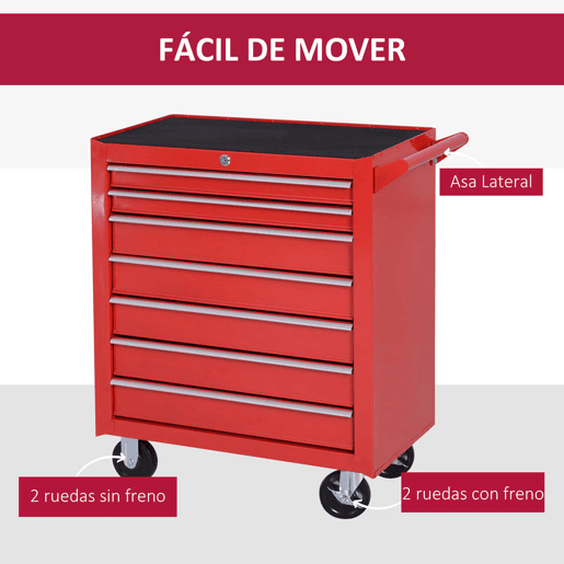 DURHAND Carrinho de ferramentas com 7 gavetas Caixa de oficina Armário de arrumação com fecho para oficina, garagem e casa Rodas de chapa de aço 69x33x75cm Vermelho