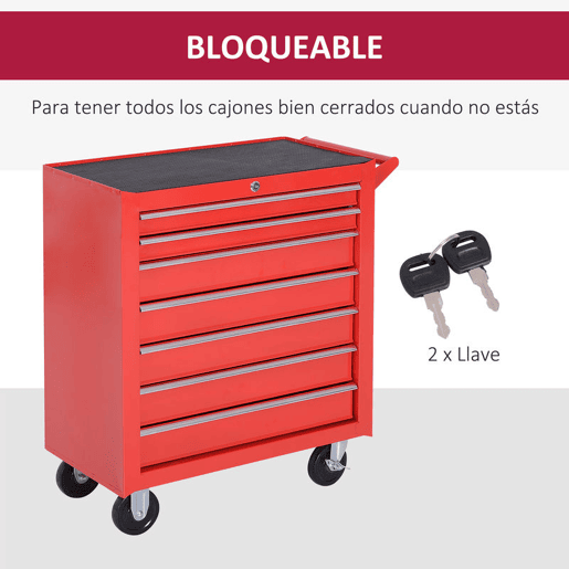 DURHAND Carrinho de ferramentas com 7 gavetas Caixa de oficina Armário de arrumação com fecho para oficina, garagem e casa Rodas de chapa de aço 69x33x75cm Vermelho