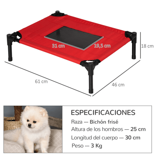 PawHut Cama para animais de estimação Cães Gatos Cama elevada Interior Exterior Cama para cães em malha respirável Interior Exterior 61x46x18 cm Vermelho