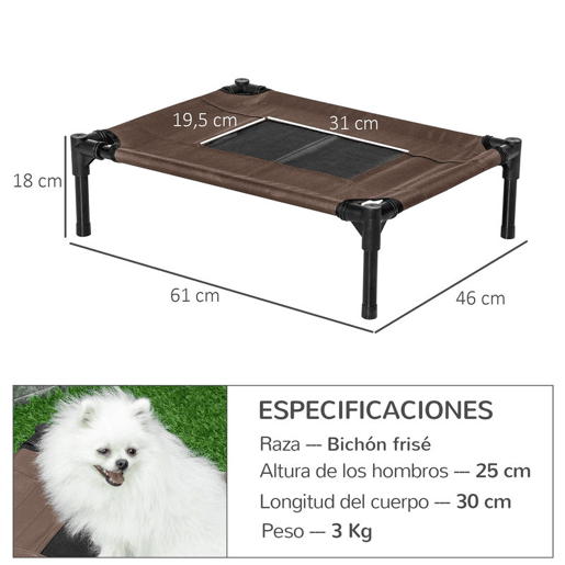 PawHut PawHut Cama elevada para cães e gatos Cama portátil para animais de estimação com área de malha respirável e tecido Oxford Estrutura de aço para interior e exterior 61x46x18 cm Castanho