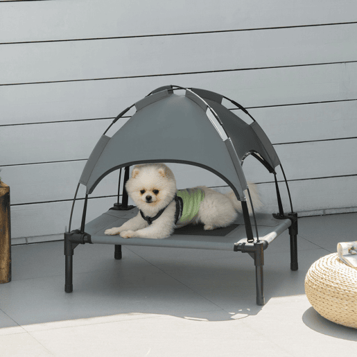 PawHut Cama Elevada para Animais de Estimação Portátil com Toldo Amovível Tecido Respirável para Interior e Exterior 61x46x62 cm Cinza