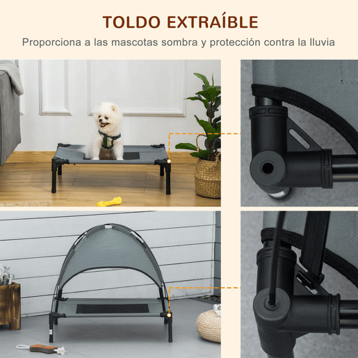 PawHut Cama Elevada para Animais de Estimação Portátil com Toldo Amovível Tecido Respirável para Interior e Exterior 61x46x62 cm Cinza