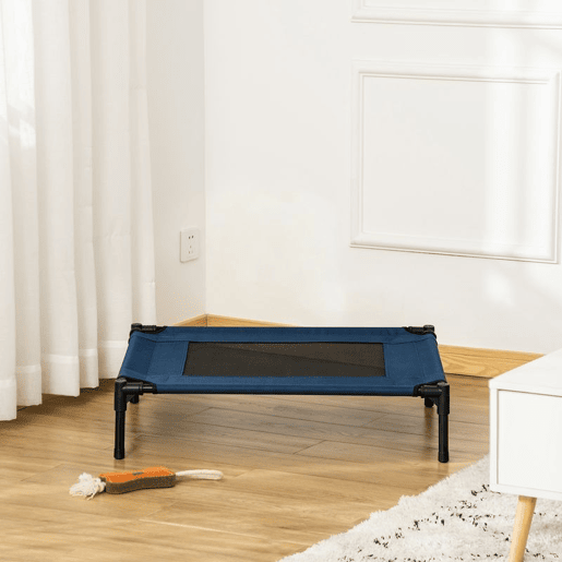 PawHut Cama elevada para cães e gatos Cama portátil para animais de estimação com área de malha respirável e tecido Oxford Estrutura de aço para interior e exterior 76,2x61x18 cm Azul