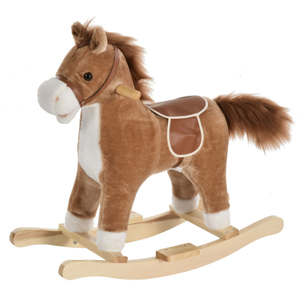 Homcom caballo balancín para bebé mayores de 36 meses juguete balancín de felpa suave con música relinchos sonidos de galope boca y cola móviles 65x32,5x61 cm marrón
