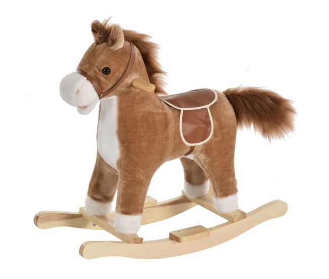 Homcom caballo balancín para bebé mayores de 36 meses juguete balancín de felpa suave con música relinchos sonidos de galope boca y cola móviles 65x32,5x61 cm marrón
