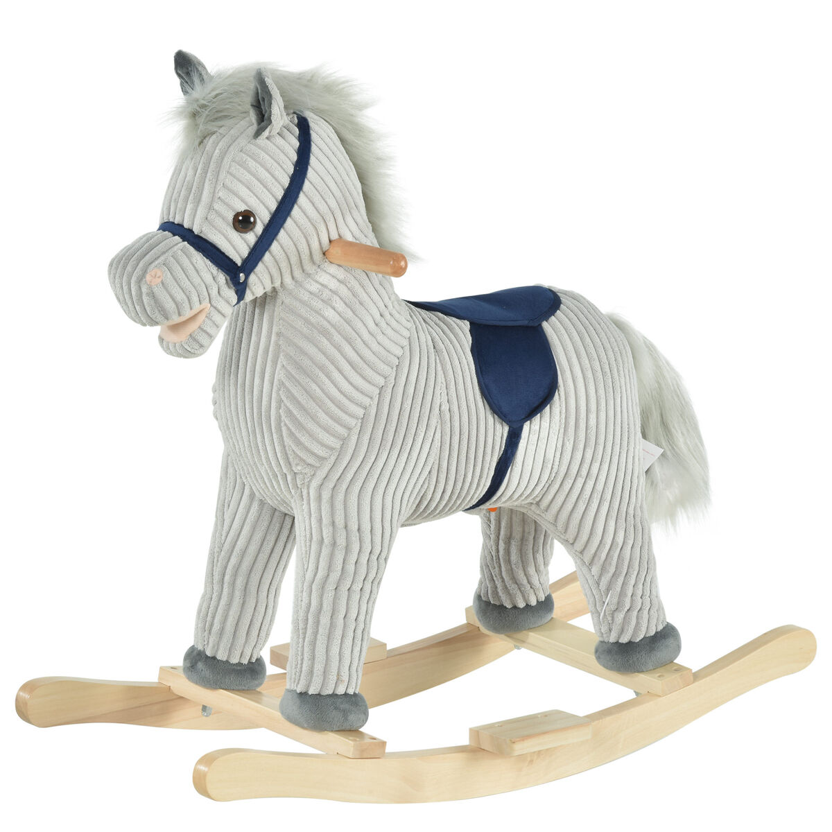 Homcom caballito balancín infantil para niños de +3 años caballo mecedora de felpa con sonidos de relincho y galope base de madera carga 45 kg 73x35x64 cm azul y rayas gris