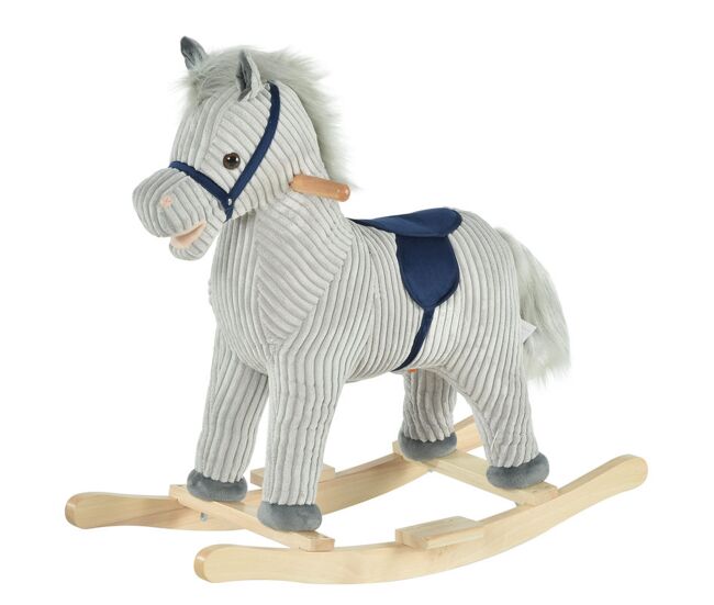 Homcom caballito balancín infantil para niños de +3 años caballo mecedora de felpa con sonidos de relincho y galope base de madera carga 45 kg 73x35x64 cm azul y rayas gris