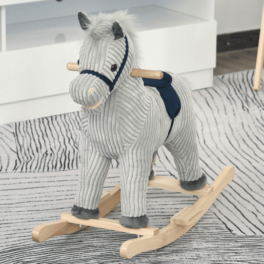 HOMCOM Baloiço Infantil de Cavalo para Crianças acima de 3 Anos Baloiço de Pelúcia com Sons de Relinchos e Galopes e Base de Madeira 73x35x64cm Azul e Cinza