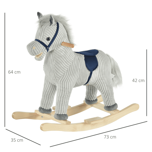HOMCOM Baloiço Infantil de Cavalo para Crianças acima de 3 Anos Baloiço de Pelúcia com Sons de Relinchos e Galopes e Base de Madeira 73x35x64cm Azul e Cinza