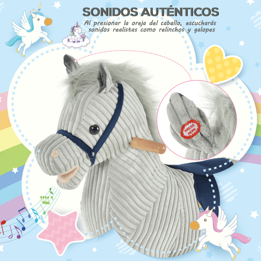 HOMCOM Baloiço Infantil de Cavalo para Crianças acima de 3 Anos Baloiço de Pelúcia com Sons de Relinchos e Galopes e Base de Madeira 73x35x64cm Azul e Cinza