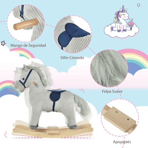 HOMCOM Baloiço Infantil de Cavalo para Crianças acima de 3 Anos Baloiço de Pelúcia com Sons de Relinchos e Galopes e Base de Madeira 73x35x64cm Azul e Cinza