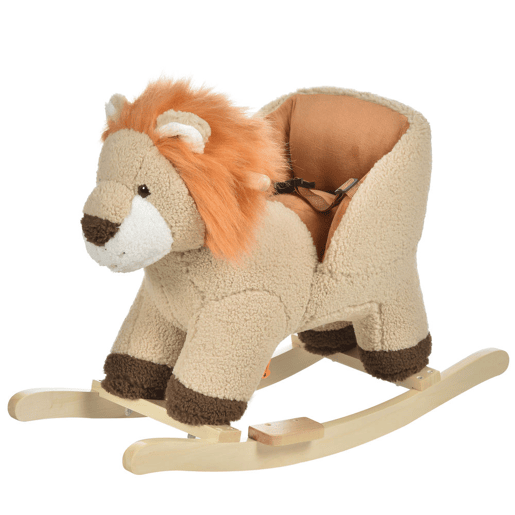 HOMCOM Cadeira de Baloiço em Forma de Leão em Peluche para Bebés 18-36 Meses com Cinto de Segurança Sonoro Guiador e Apoio para os Pés 68x35x50 cm Castanho