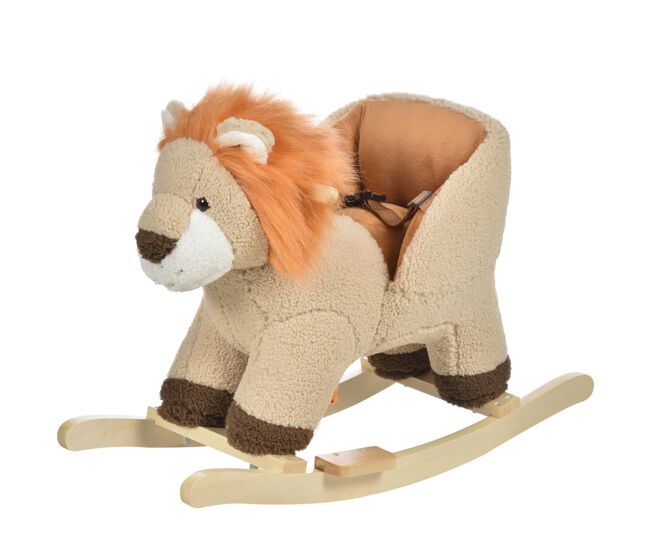 Homcom caballito balancín infantil en forma de león de felpa balancín para bebés 18-36 meses con sonido cinturón de seguridad manillar y reposapiés 68x35x50 cm marrón