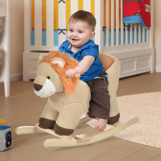 HOMCOM Cadeira de Baloiço em Forma de Leão em Peluche para Bebés 18-36 Meses com Cinto de Segurança Sonoro Guiador e Apoio para os Pés 68x35x50 cm Castanho