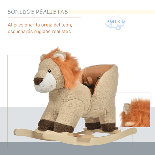 HOMCOM Cadeira de Baloiço em Forma de Leão em Peluche para Bebés 18-36 Meses com Cinto de Segurança Sonoro Guiador e Apoio para os Pés 68x35x50 cm Castanho