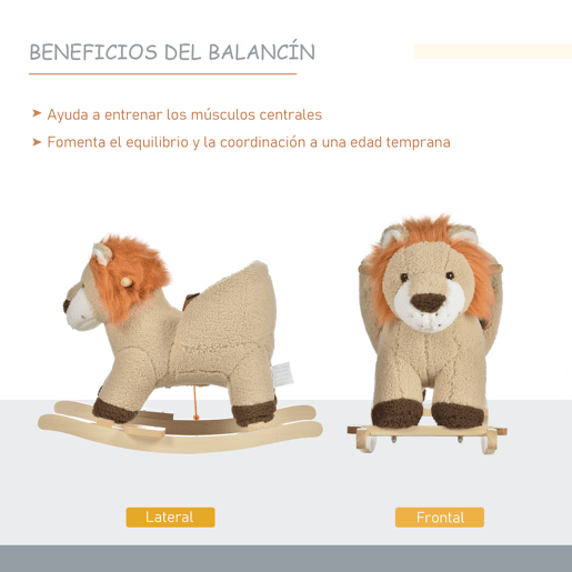 HOMCOM Cadeira de Baloiço em Forma de Leão em Peluche para Bebés 18-36 Meses com Cinto de Segurança Sonoro Guiador e Apoio para os Pés 68x35x50 cm Castanho