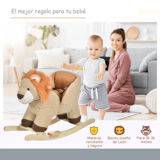HOMCOM Cadeira de Baloiço em Forma de Leão em Peluche para Bebés 18-36 Meses com Cinto de Segurança Sonoro Guiador e Apoio para os Pés 68x35x50 cm Castanho