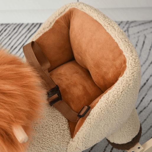 HOMCOM Cadeira de Baloiço em Forma de Leão em Peluche para Bebés 18-36 Meses com Cinto de Segurança Sonoro Guiador e Apoio para os Pés 68x35x50 cm Castanho