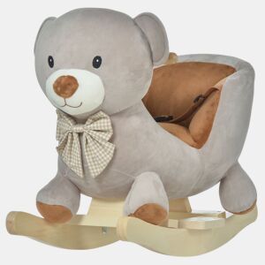 HOMCOM Cavalo de balanço para bebê acima de 18 meses Cavalo Baloiço de pelúcia macio com forma de urso com guiador e apoio de pés 60x33x50 cm Cinza