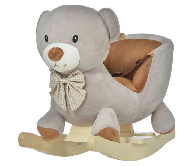 Homcom caballito balancín para bebé de 18-36 meses caballo balancín de peluche suave con forma de oso con sonido manillar y reposapiés 60x33x50 cm gris